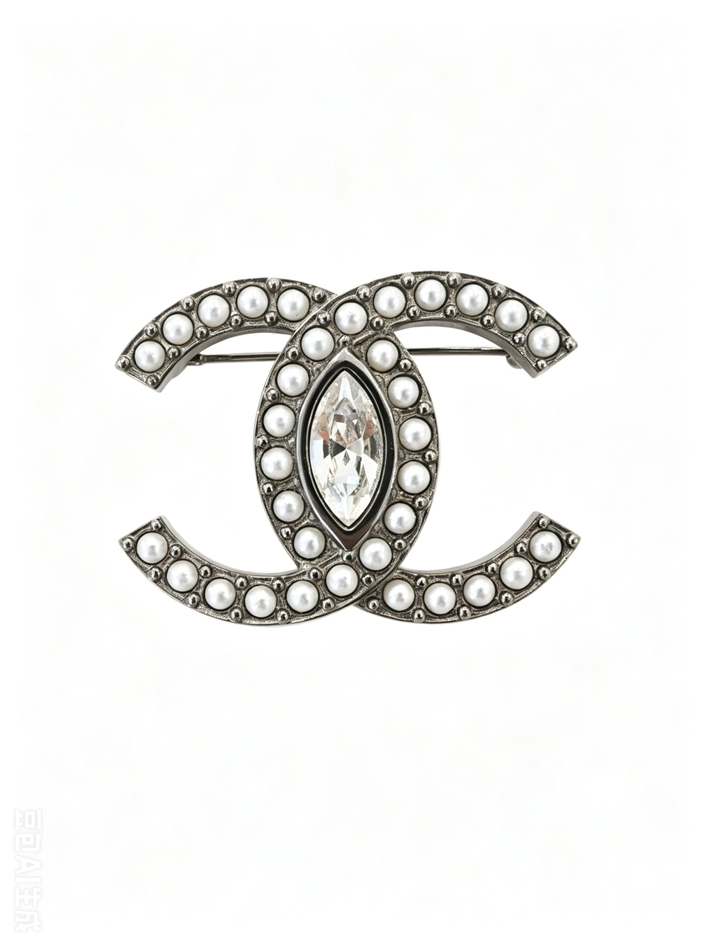 Chanel Pearl & Crystal CC Logo Brooch in Silver